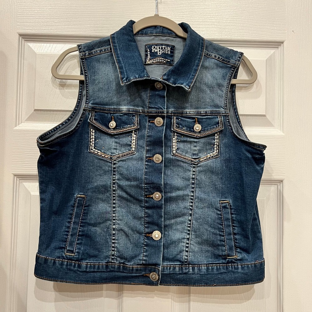 Rhythm in Blues Denim Vest Cotton Blend Rhinestone Western Medium Wash Rodeo Y2K